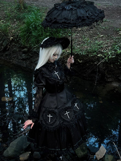 Decoration Ruffle Cross Beaded Lolita Hem Detail with Dress Lace Black and Gothic