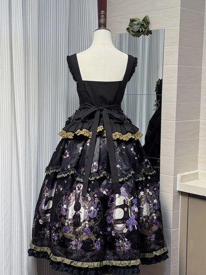 Black Square Neckline with Apron Embroidery Details Lolita