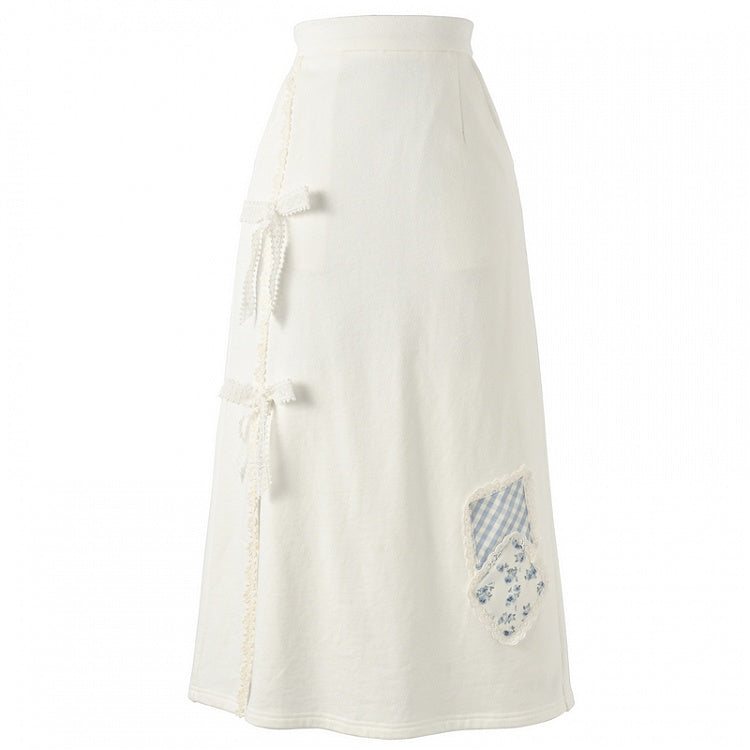 ホワイトレースリボンサイドスリットフローラルアップリケスカート