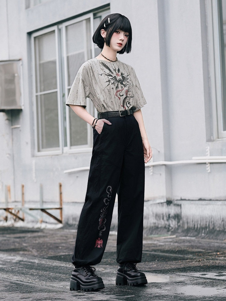 Black Totem Print Straight-Leg Pants with Drawstring Cuffs - Quirky Hut