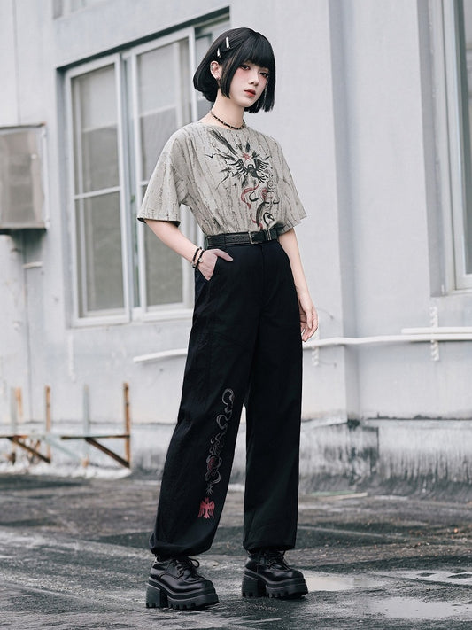 Pantalon droit à imprimé totem avec revers de jambe à cordon de serrage - Quirky Hut