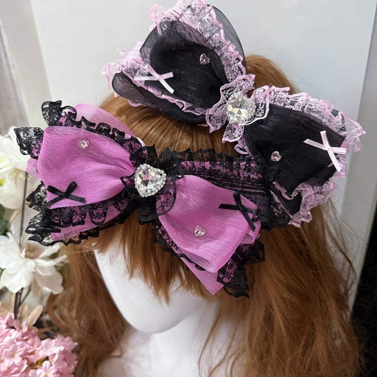 Lace Black/Purple Decorated Hairclip Rhinestone Bowknot Trim