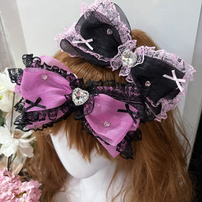 Lace Black/Purple Decorated Hairclip Rhinestone Bowknot Trim
