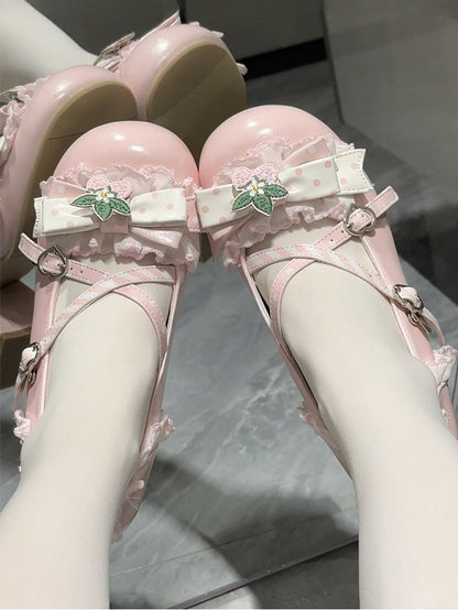 Strawberry Sweet Janes Mid-heel PU Mary Toe - Lolita Patch Pink Round