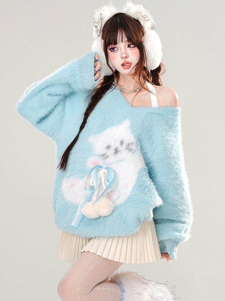 ピンク/ブルーのキュートなキティの蝶結びディテール、ホルターネックのソフトセーター