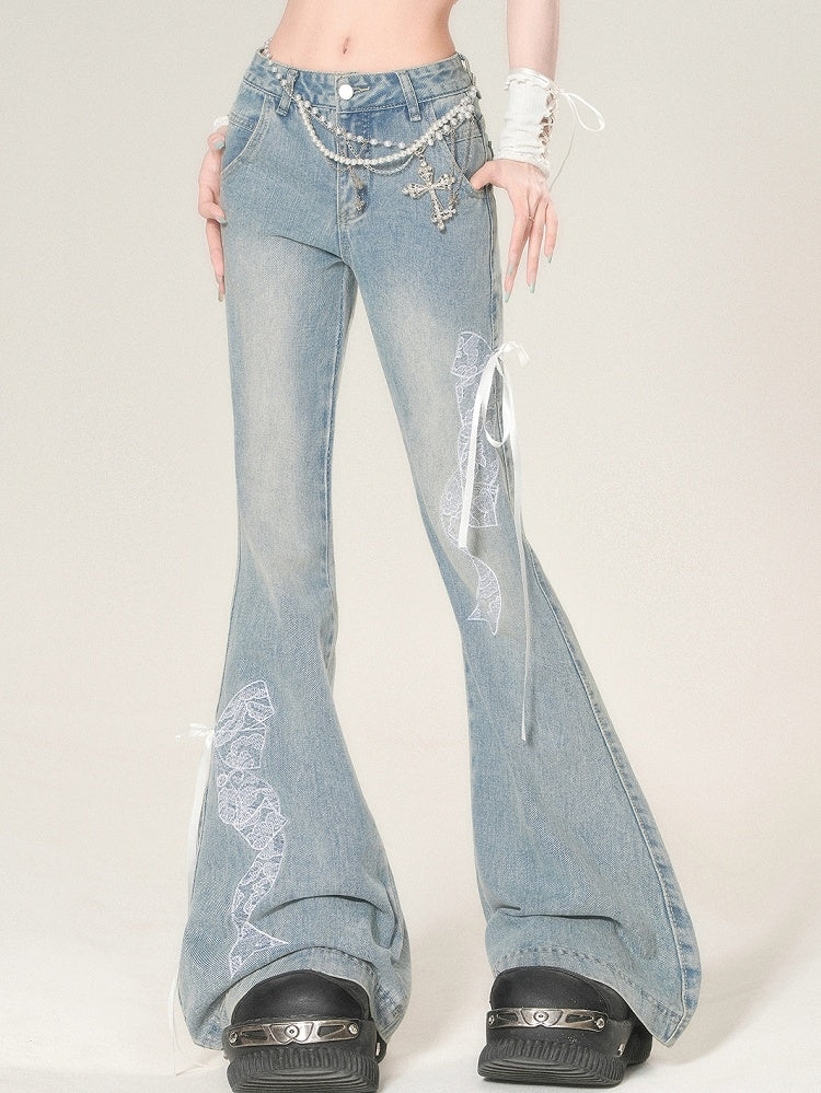 Bowknot Silhouette Flare Embroidered Lace Glamorous Jeans Blue