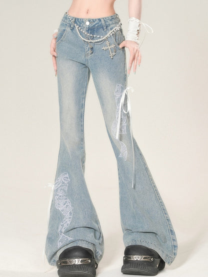Bowknot Silhouette Flare Embroidered Lace Glamorous Jeans Blue
