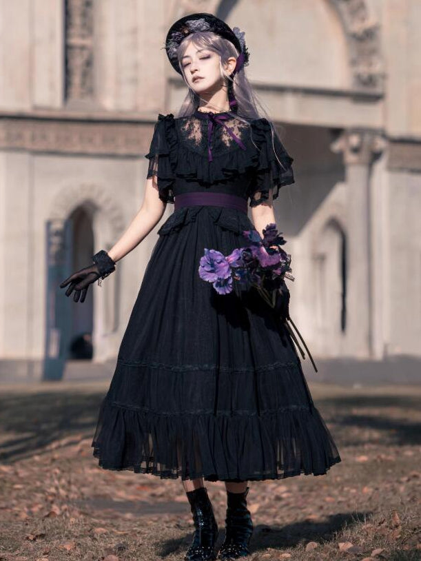 Lolita Schmetterlingsgürtel Schwarzes Kleid Taille Elegant Klassisch mit Ärmeln Illusion Ausschnitt Lila Edward
