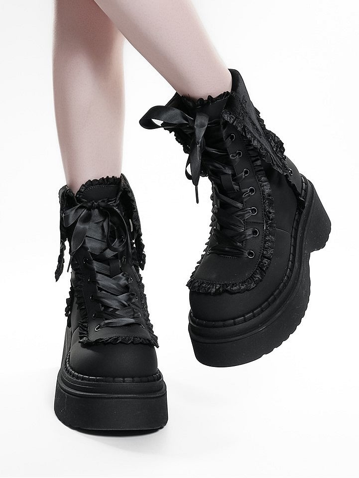 Ruffle Chunky Black Gothic Accents Dual Platform Closure Boots with