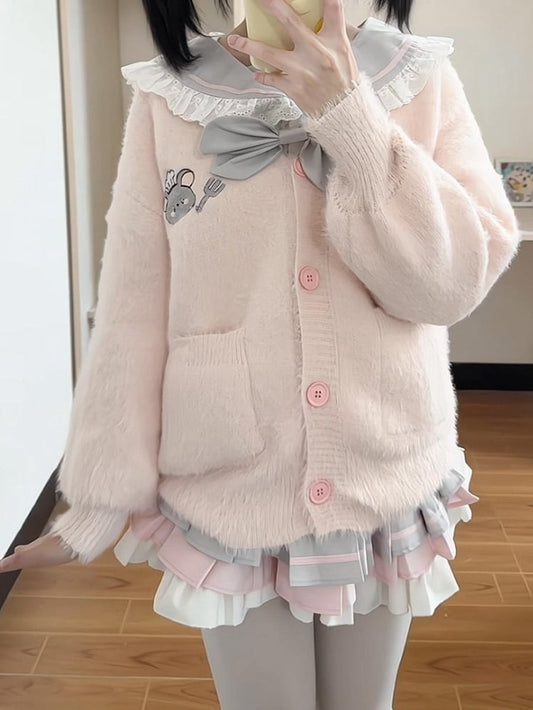 Cardigan Detail - Ribbed Plush Front Mouse Pink Trim Chef Embroidery with Button