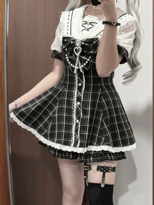 Plaid Bow Mini Dress + Ruffled Back Black Shorts Sailor Collar Self-tie Hem Jirai Kei Set