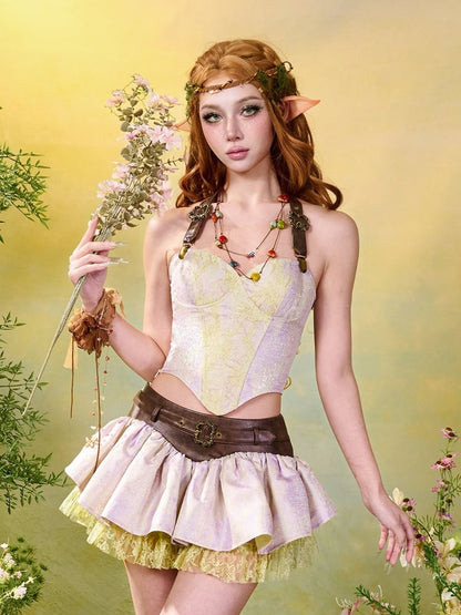 Fairycore Mori Kei Purple & Green Halter Neck Corset Top with Strap Design - Virtual Orbit