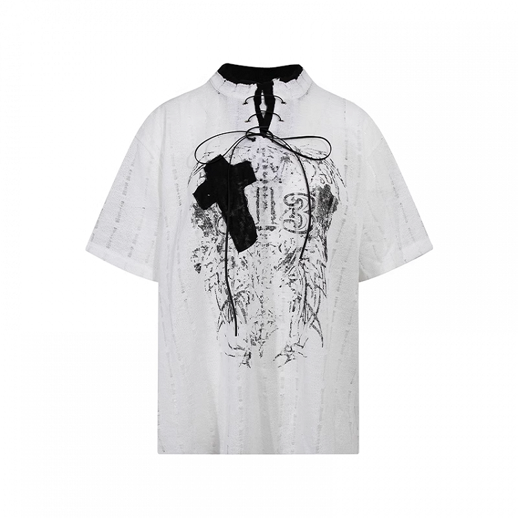 Y2K Holes Black/White Lace-up Mock Neck Distressed