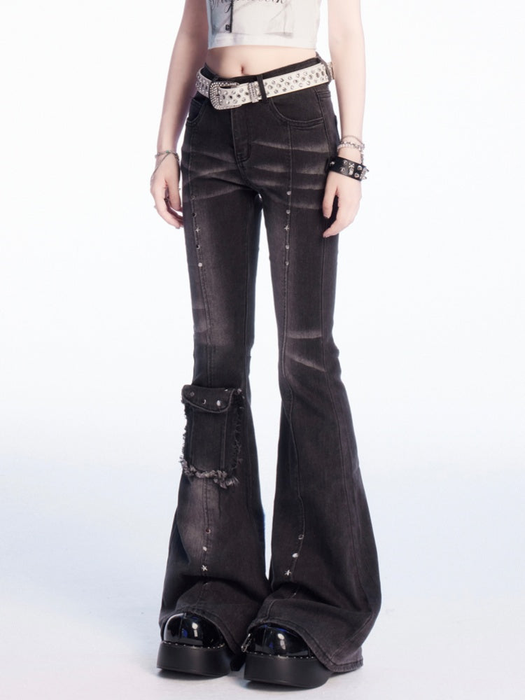 Rise Stud Flared Jeans Dunkelgrau Niedrige Details Verblasste Waschung Vintage