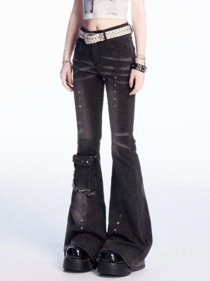 Rise Stud Flared Jeans Dunkelgrau Niedrige Details Verblasste Waschung Vintage