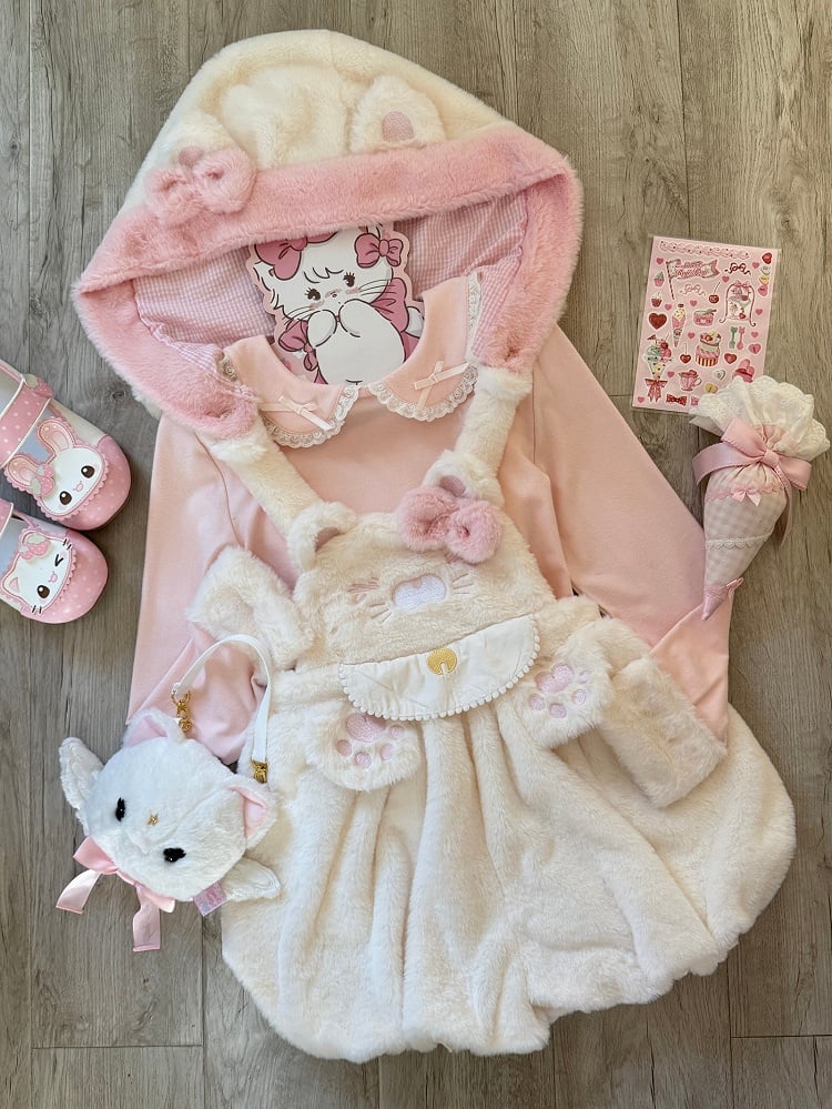Detachable Hood White Ear with Decor Kitty Hoodie Overall Bubble Plush Shorts