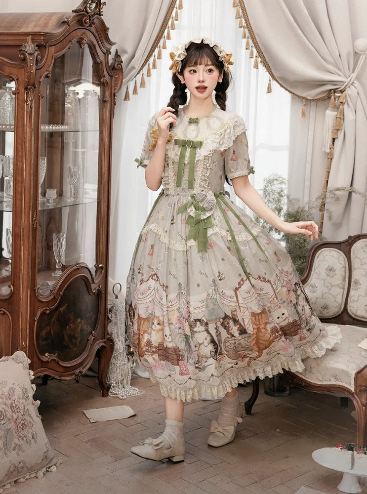 Green Cat Print Round Neck Sweet Lolita Dress with Lace Trim - NyaNya