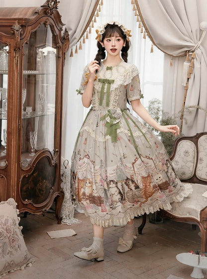 Green Cat Print Round Neck Sweet Lolita Dress with Lace Trim - NyaNya