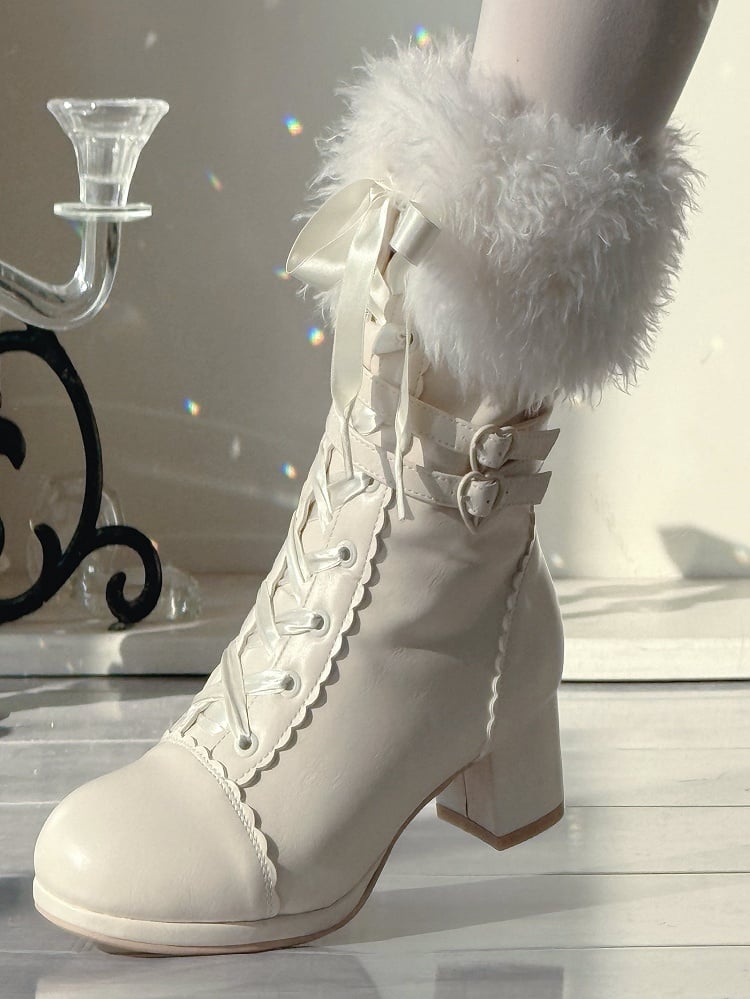 with Lolita Heart Dual Plush Buckle Boots White Fastening - Mid-Calf Elegant Cuff PU