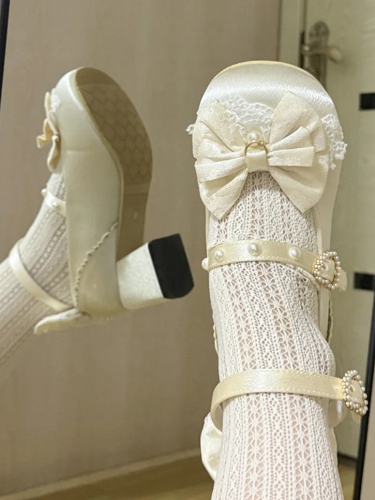 Beige Satin Low-Heel Mary Janes with Beads by Mie Mie Shop