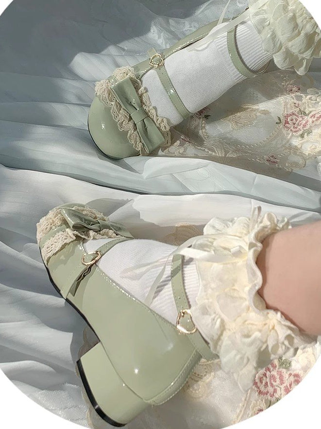 Lace Shoes Low Mary Jane PU Green - with Lolita Heel Leather Detail