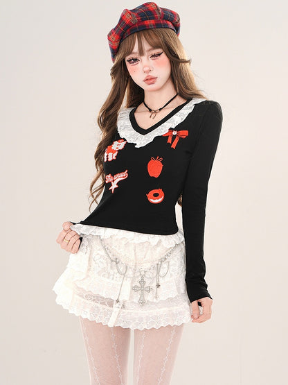 Schwarz/Graues Cartoon-Top mit V-Ausschnitt und Spitzenbesatz