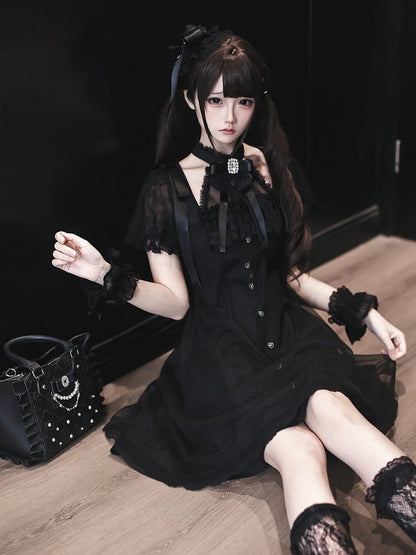 Gothic Halter Dress with Lace and Bow Details - Ekomi