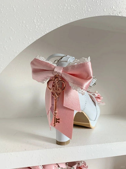 7cm Heel Straps Blue Hime Key Charm Lolita with Heeled Pink on Crossed Shoes Bow