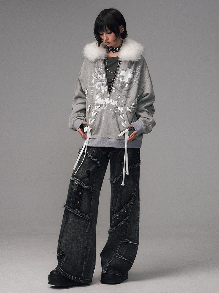 Print Gray Top Decorated Lace-up Floral -