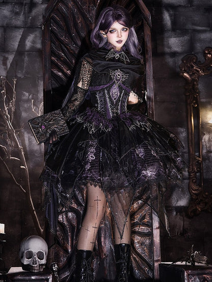 Black & Purple Bone Dragon Embroidery Halter Neck Gothic Lolita Dress Set - Ying Luo Fu