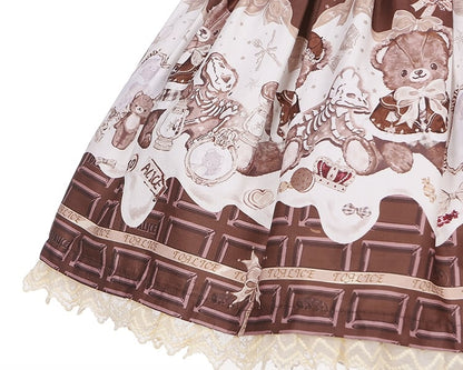 Coffee Teddy Bear Sweet Lolita JSK - Chocolate Print with Lace & Big Bow
