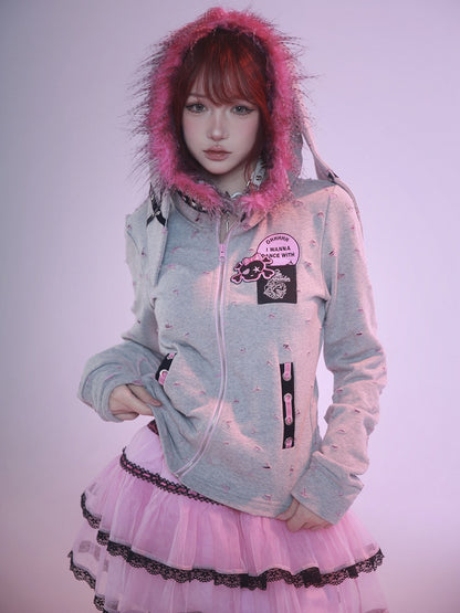 Punkgrauer Oversize-Kapuzenpullover mit Hasenohren