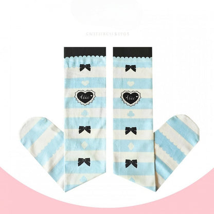 Blue & White Stripes Bow and Heart Print Over Knee Stockings
