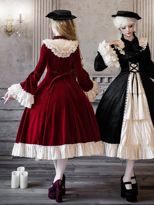 Eyelet Red Winter Beige with Scalloped Velvet Dress Trims Ruffle Neckline Lolita