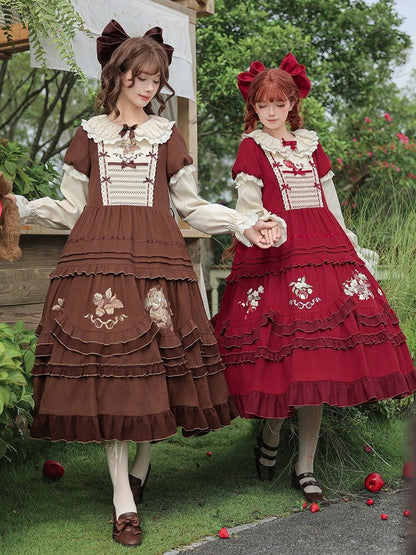 Wine Red Apple Embroidered OP Dress Set with Peter Pan Collar, Long Sleeves, Ruffle Trim, Belt, Brooch & Bow Hairclip - With PUJI