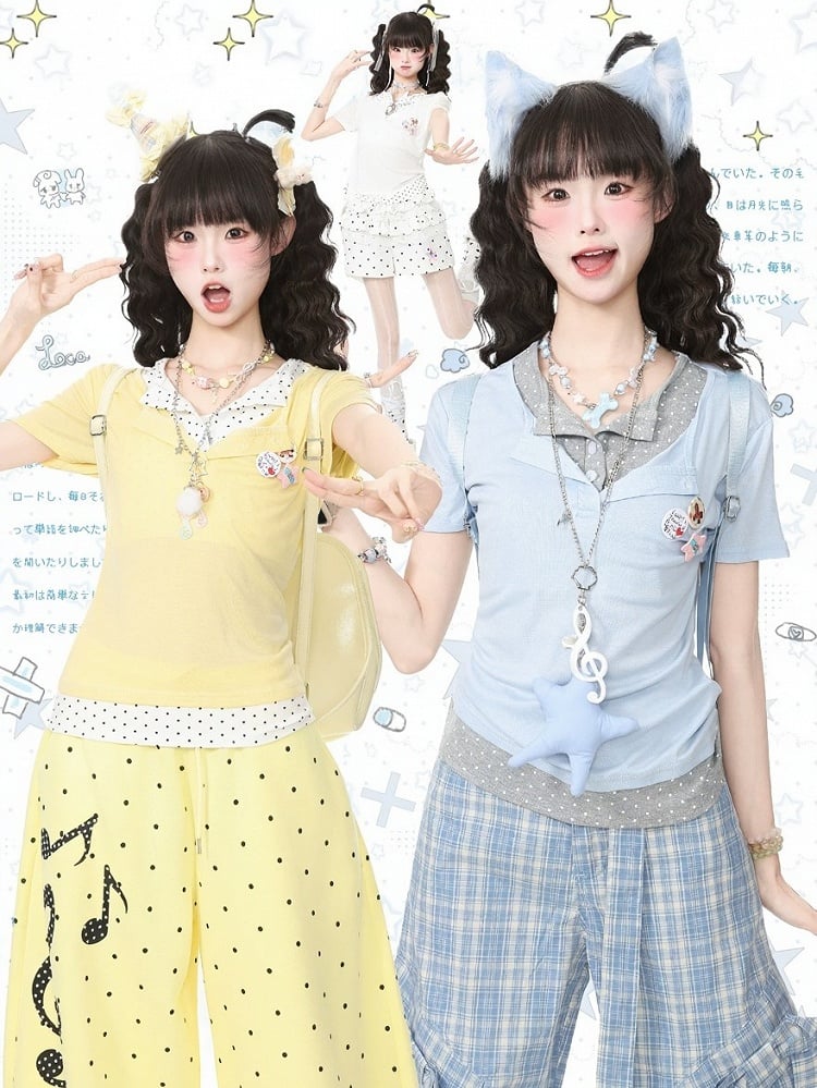 Yellow Casual Fake Two-Piece T-Shirt with Polka Dot - Languid Park