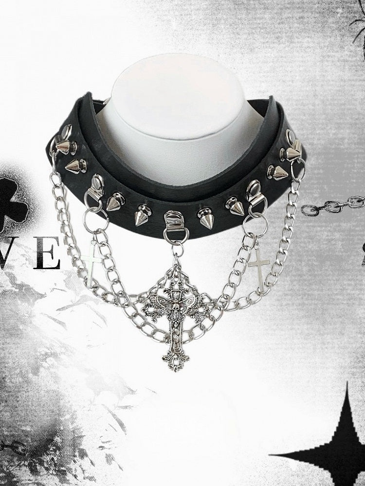 Black/White/Gray Choker Studs Charm Details Cross