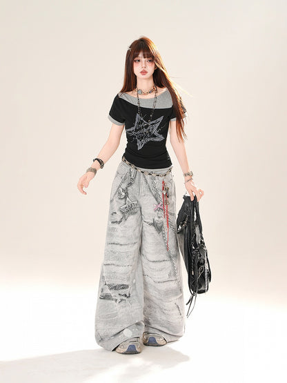 ブラックグレーの星柄フェイクツーピースTシャツ