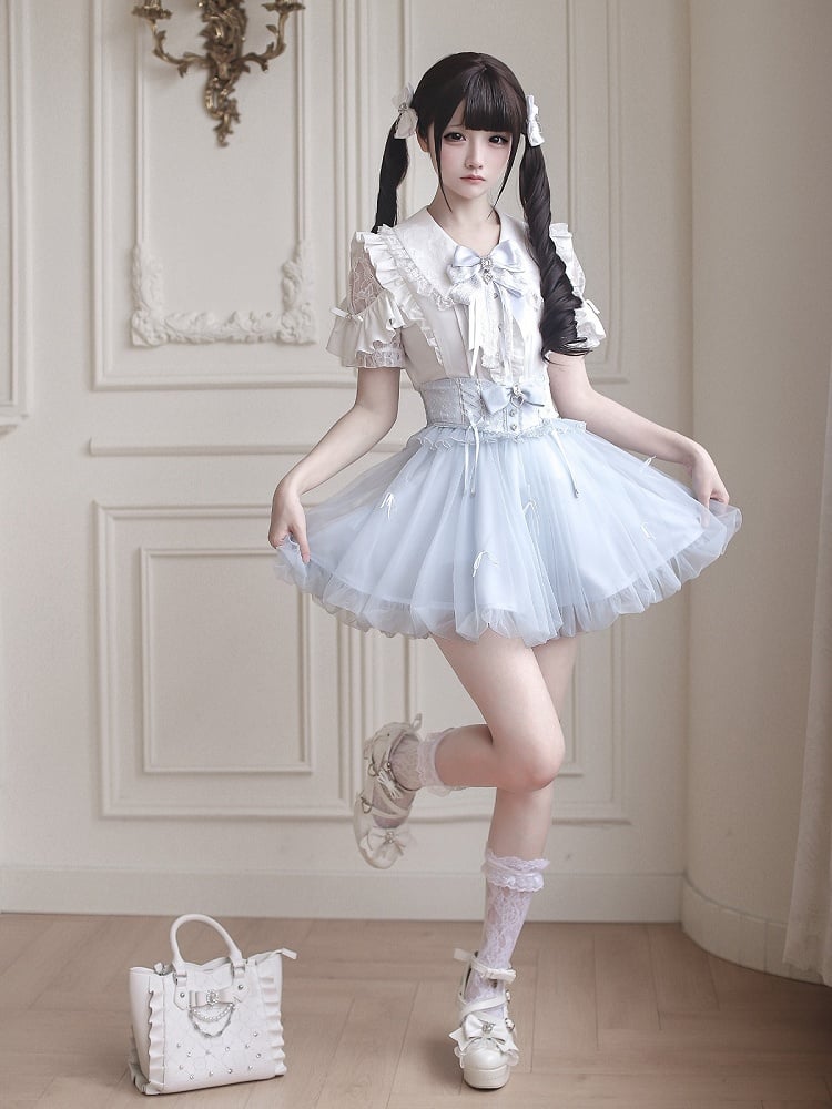 Blue Bubble Skirt with Detachable Rhinestone Bow - Ekomi