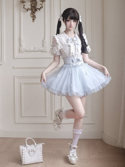 Blue Bubble Skirt with Detachable Rhinestone Bow - Ekomi