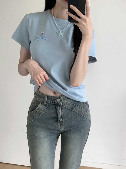 T-Shirt Rundhals Schleifendetail Blau