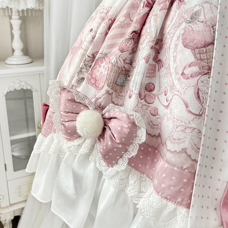 Plush Jumper Cape + Print Strawberry Collar Pink Sweet Kitty Skirt Set Lolita and