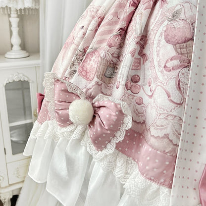 Plush Jumper Cape + Print Strawberry Collar Pink Sweet Kitty Skirt Set Lolita and