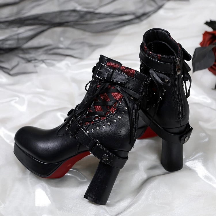 Gothic Studded High-Heel Boots with Red Sole - Lacy Bones