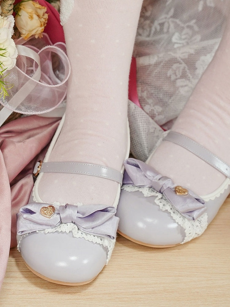 Low-Heel Purple Sophisticated Lolita Shoes - Ornate Heart Bow with Delicate Lace & Scalloped Hemline