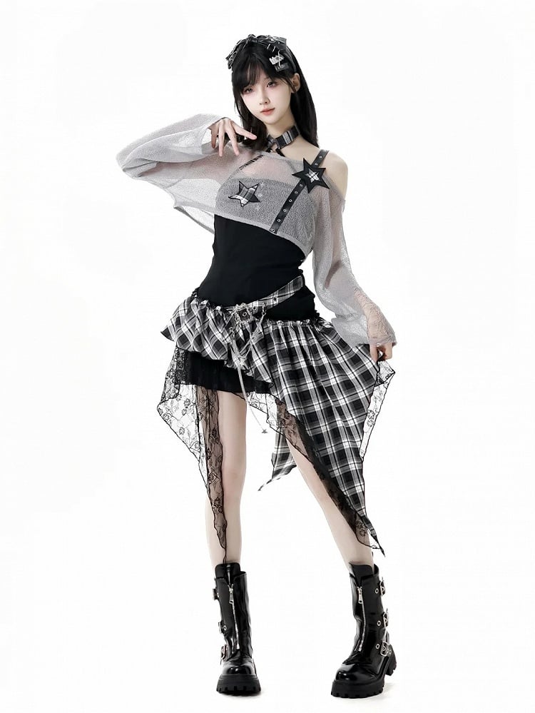 Coverup Schwarz/Grau Stern Distressed Löcher Punk Rock Strap Hohl-Out Cropped