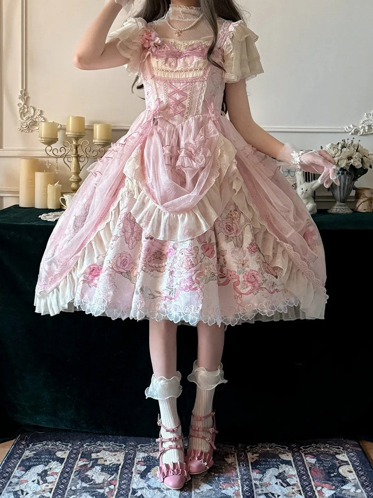 Pink Bow Sweet Lolita Hairclip with Floral Center - Honey Machine