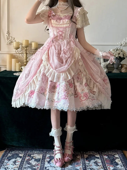 Pink Deer & Floral Print Flutter Sleeves Sweet Lolita JSK Dress with Overlay - Honey Machine