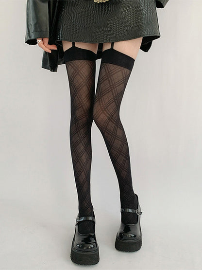 Tights Stripe Suspender Black Diamond Pattern