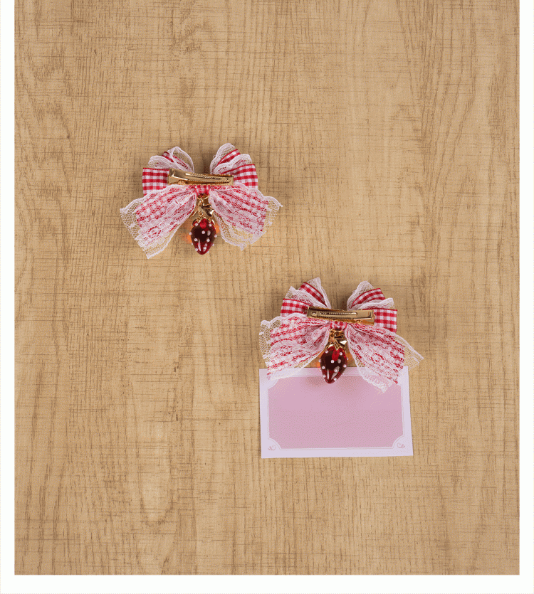 Lolita Sweet Bowknot Kei Plaid with Charm Red/Pink/Black Strawberry Hairclips Jirai - Style